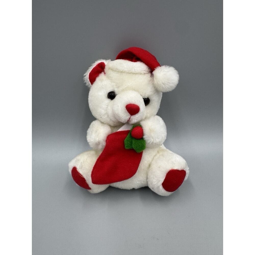 Small White Teddy Bear In Santa Hat Holding Christmas Stocking Plush 7"